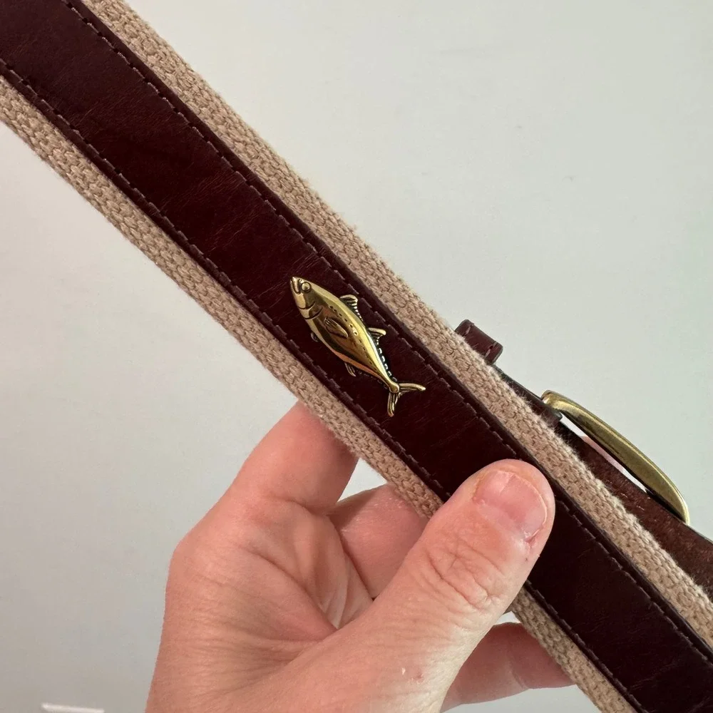 Brighton Nautical Canvas Leather Belt Brass Marlin Tuna‎ Fish  Brown Tan 44